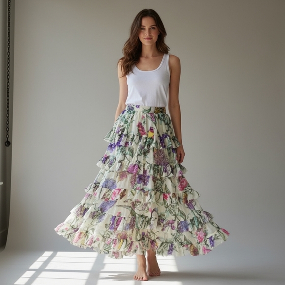 H&M Dresses & Skirts - Floral Tiered Chiffon Raw Edge Skirt